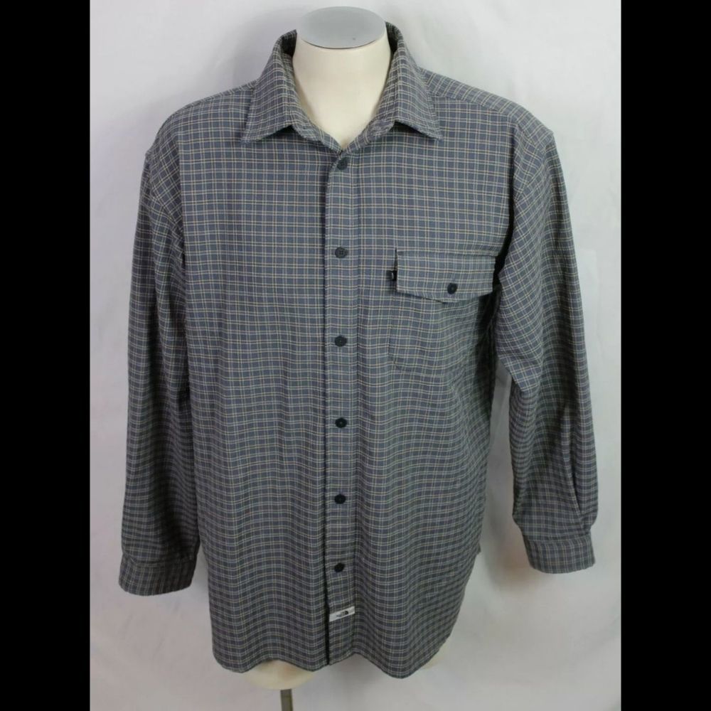 Vintage The North Face LS Button Front Blue Plaid Mens Large.